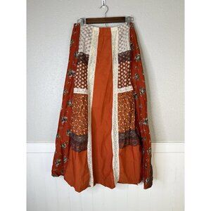 Vtg 70s Patchwork Prairie Maxi Skirt Boho Cottagecore Lace Floral Brick Red Sz L